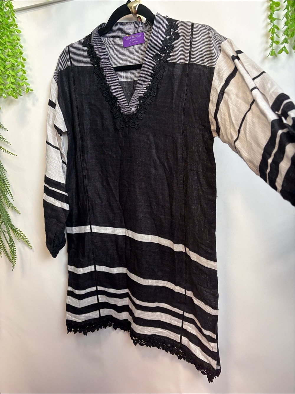Sana Safinaz  Black & White Striped V-Neck Tunic with Lace Trim - cotton